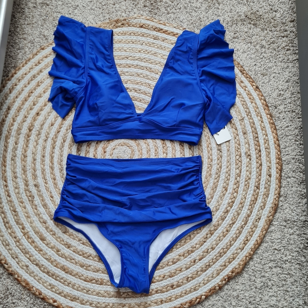 Royal blue, NWT women's Ruffle Shoulder swimsuit bikini,Sz,Small